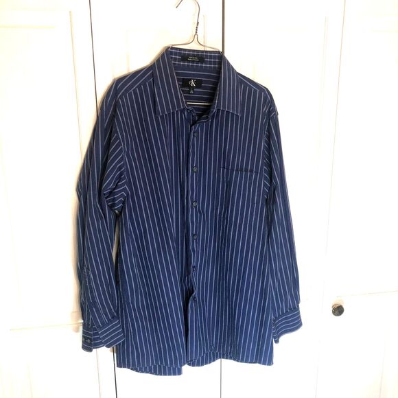 Calvin Klein Men's Blue Stripe Dress Shirt L 16.5 32/33 100% Cotton Button-Down - Picture 1 of 4